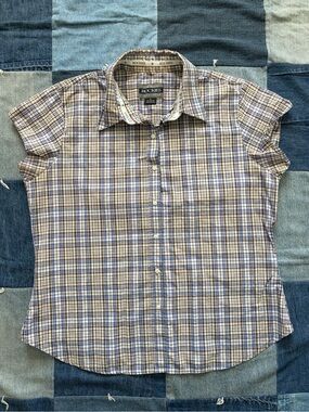 Y2K Rockies Plaid Button Up Blouse Western Boho Brown Blue White Size L